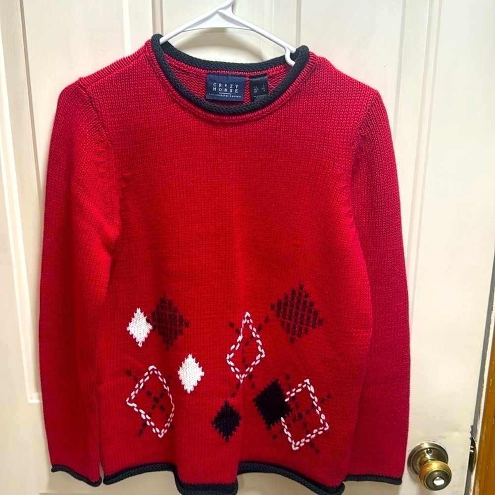 Vintage Crazy Horse Cable Knit Red Sweater Geometric Diamond Pattern size S